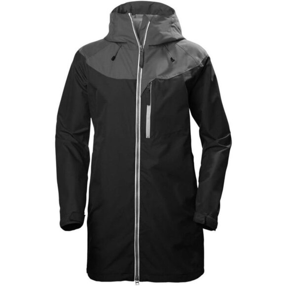 Womens Helly Hansen Black Grey Long Rain Coat Jacket XL Extra Large - Picture 1 of 3